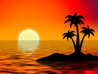 Photo sur Plexiglas Île tree palms on island in ocean over the red sky