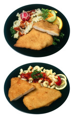 Fried chicken menu with pasta isolated on white background