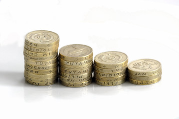 Piles of English one pound coins arranged to represent a graph.