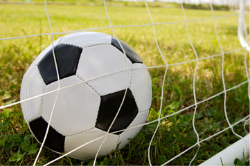 photo of a Soccer ball upon the green grass