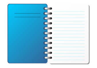 Opened notebook with ruled sheets over white background