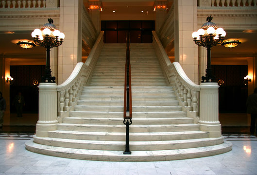 Luxury large white marble staircase, frontal view