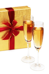 Giftbox and champagne isolated on the white