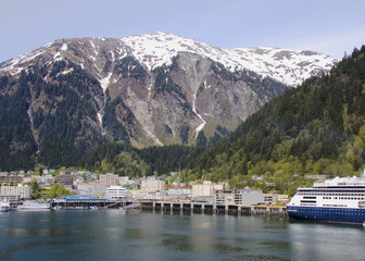 Juneau, Alaska at the base of snow-covered mountains