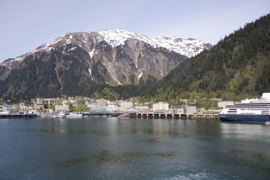 Juneau, Alaska nestled at the base of a Mountain
