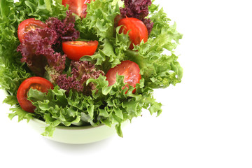 bowl of fresh lettuce and tomatoes isolated on white