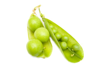 Pod of  a green peas and fruits plums 