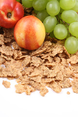 healthy snack - pile of cereals and fruits isolated on white