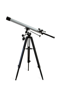 Telescope mounted on a tripod isolated on white