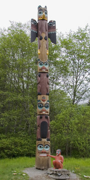 Alaskan totem pole of Saxman Nature Village in Ketchikan Alaska