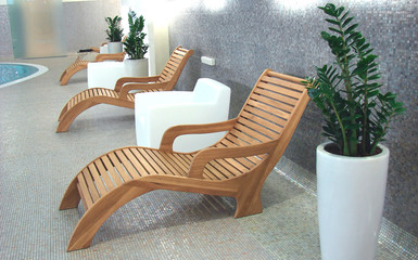 Sunbeds in the fitness near swimming pool with plants