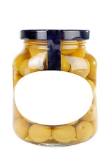 Glass jar of preserved olives with blank label for add text