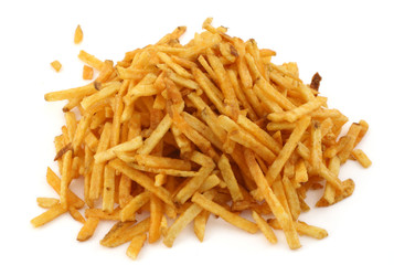 stack of French fries against white background