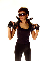 Sequrity girl with 2 guns. Isolated on white.