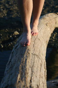 feet on a log bridge