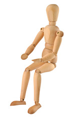 close-up of a sitting  wooden figure isolated on white 