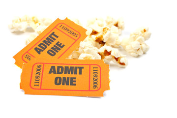 Popcorn and two tickets  with soft shadow. Shallow DOF