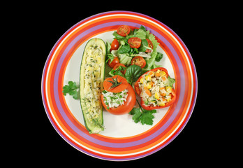 Stuffed zucchini, pepper and tomato with side salad.