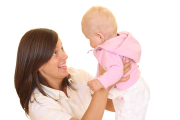 portrait of mother and 8 months daughter isolated on white