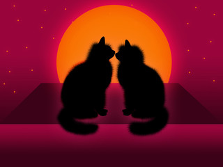 romantic background with two cats in moonlight