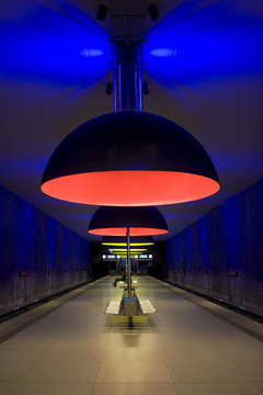 A boldly lit subway station