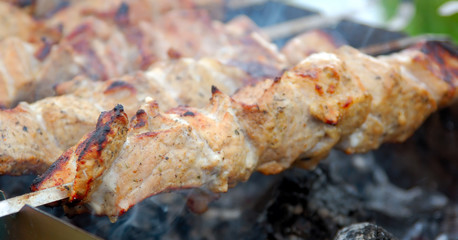 Kebabs cooking over a charcoal fire