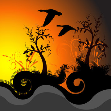 beautiful vector sunset illustration with geese 