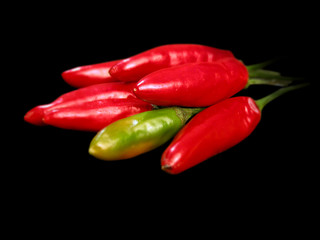 Red hot chili pepper close up on black background