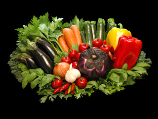 Colorful fresh group of vegetables on black background