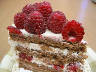 A slice of raspberry chocolate cake