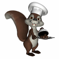 Squirrel wearing a chef hat, holding a tray loaded with nuts