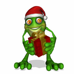Frog wearing a Santa hat presenting a Christmas gift..