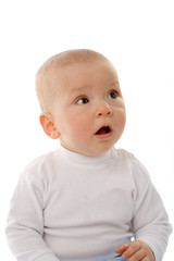 the little boy to sit on white blanket