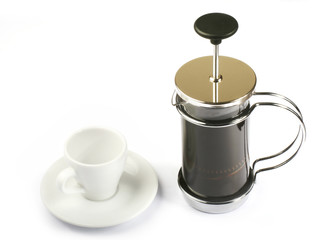french press coffee with cup white isolate