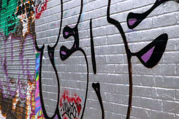 Graffiti on a brick wall and metal shutters.