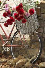 Obrazy na Szkle  Kosz róż na rowerze