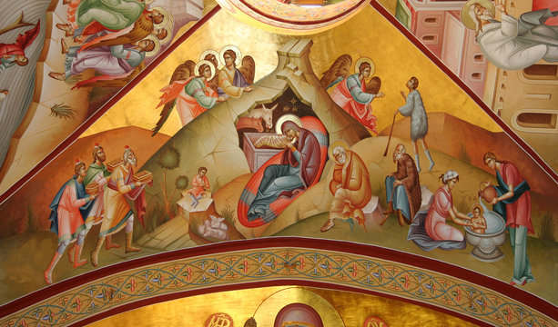 Fresco of Nativity in orthodox monastery on Mount Tabor