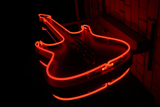 neon guitar - symbol of rock cafe in Moscow