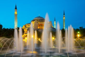 Hagia Sophia and fountain at evening.