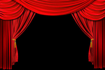 Bright Red Stage Theater Draped Curtain Background on Black - 3676943