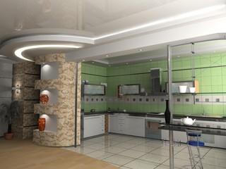 the modern kitchen interior design (3D rendering)