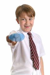 Schoolboy about to press a blank screen button