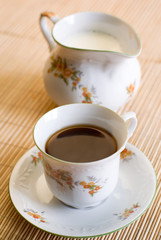 Coffee cup and the milk jug.