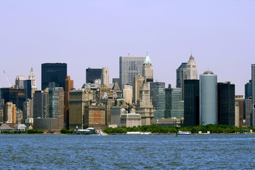 Lower Manhattan in New York City and the Hudson River.