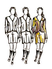 Three models is watercolours drawn illustration.