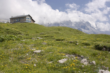 Beautiful alpine landscape with hotel