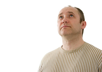 Fototapeta premium Man looks upward. White background