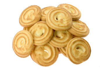 Pile of butter cookies isolated on white background..