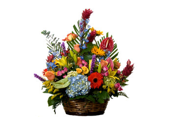 basket full of exotic flowers