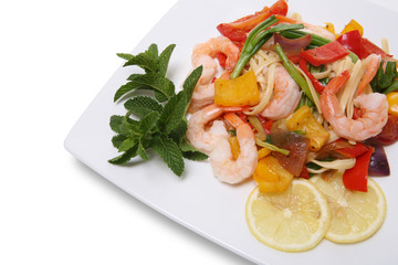 Delicious shrimp pasta with colorful vegetables